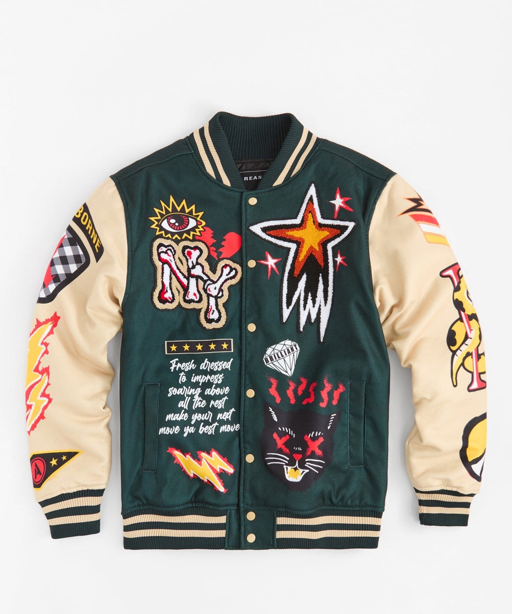  Reason Clothing Super Fly Chenille Patched Varsity Jacket - Green - GREEN - Bonton