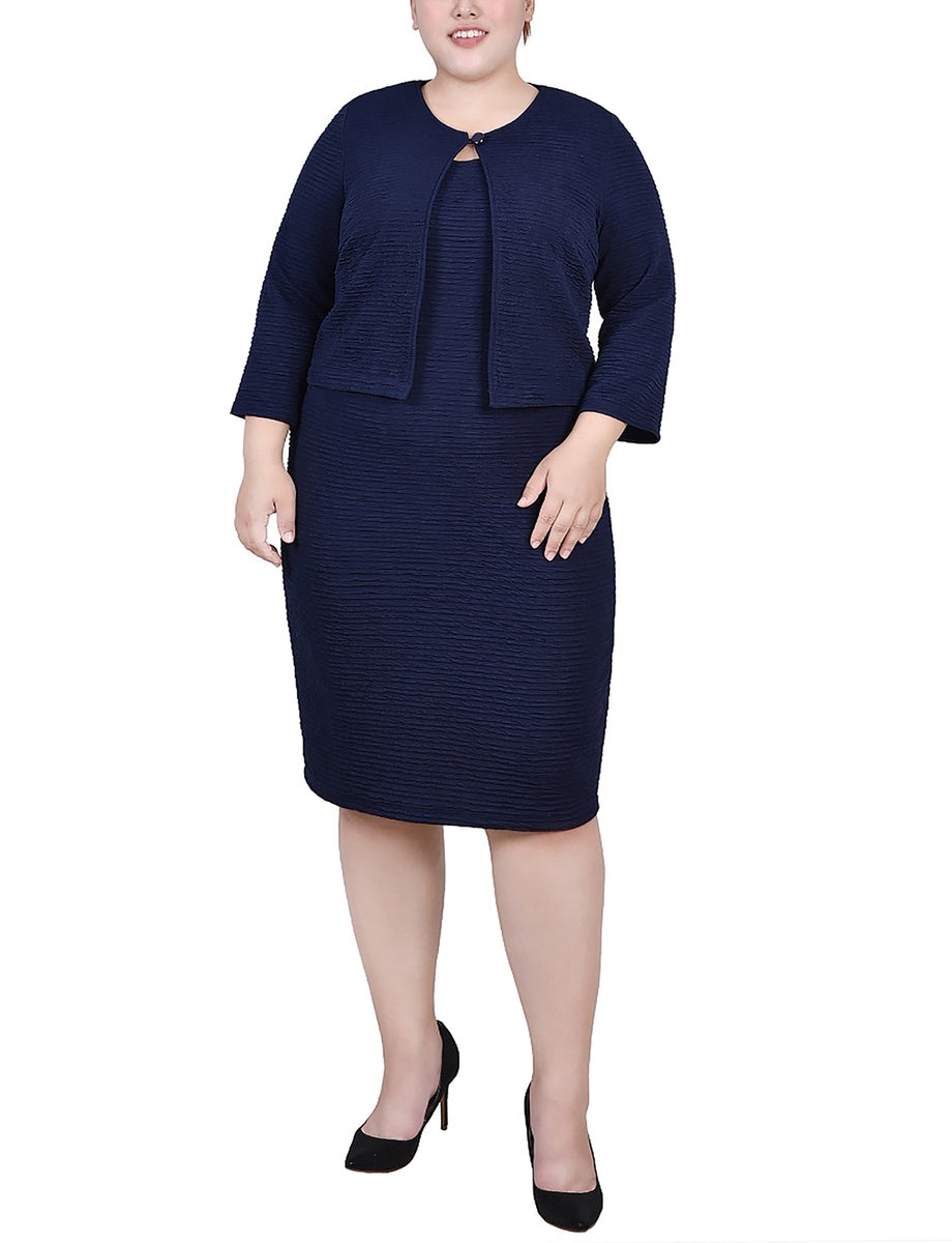  NY Collection Plus Size Textured 3/4 Sleeve 2 Piece Dress Set - Harbor Navy - Bonton