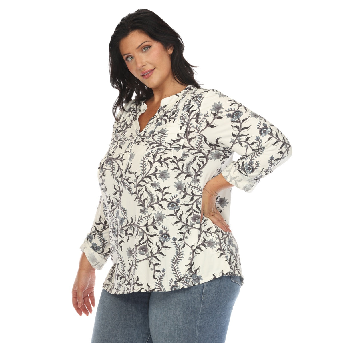  White Mark Plus Size Paisley Button Front Tunic Top - 1X - Bonton