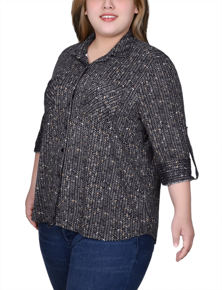  NY Collection Plus Size Long Sleeve Button Front Tunic Top - Rust Denim Plaid - Bonton