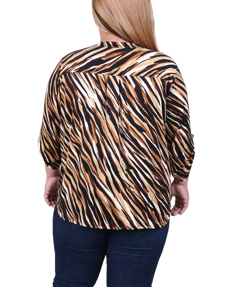  NY Collection Long Tab-Sleeve Top With Pockets - Black Gold Animal - Bonton