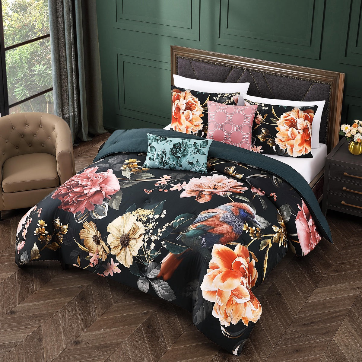  Bebejan Bebejan Botanical Birds 5 Piece Reversible Comforter Set - QUEEN - Bonton