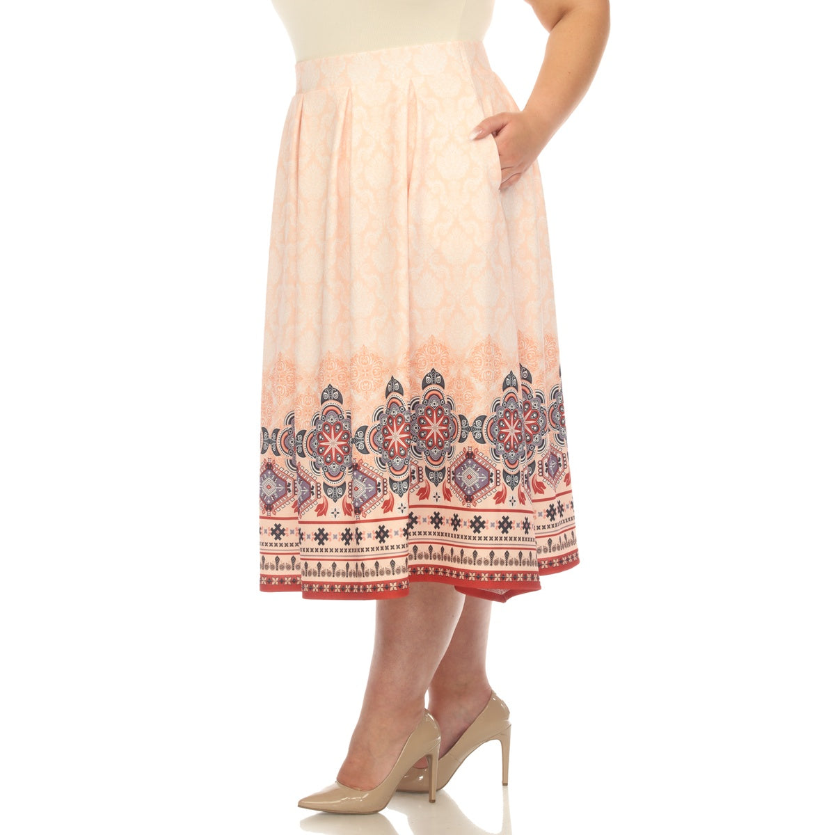  White Mark Plus Size Pleated Skirt With Border Prints - 1X - Bonton