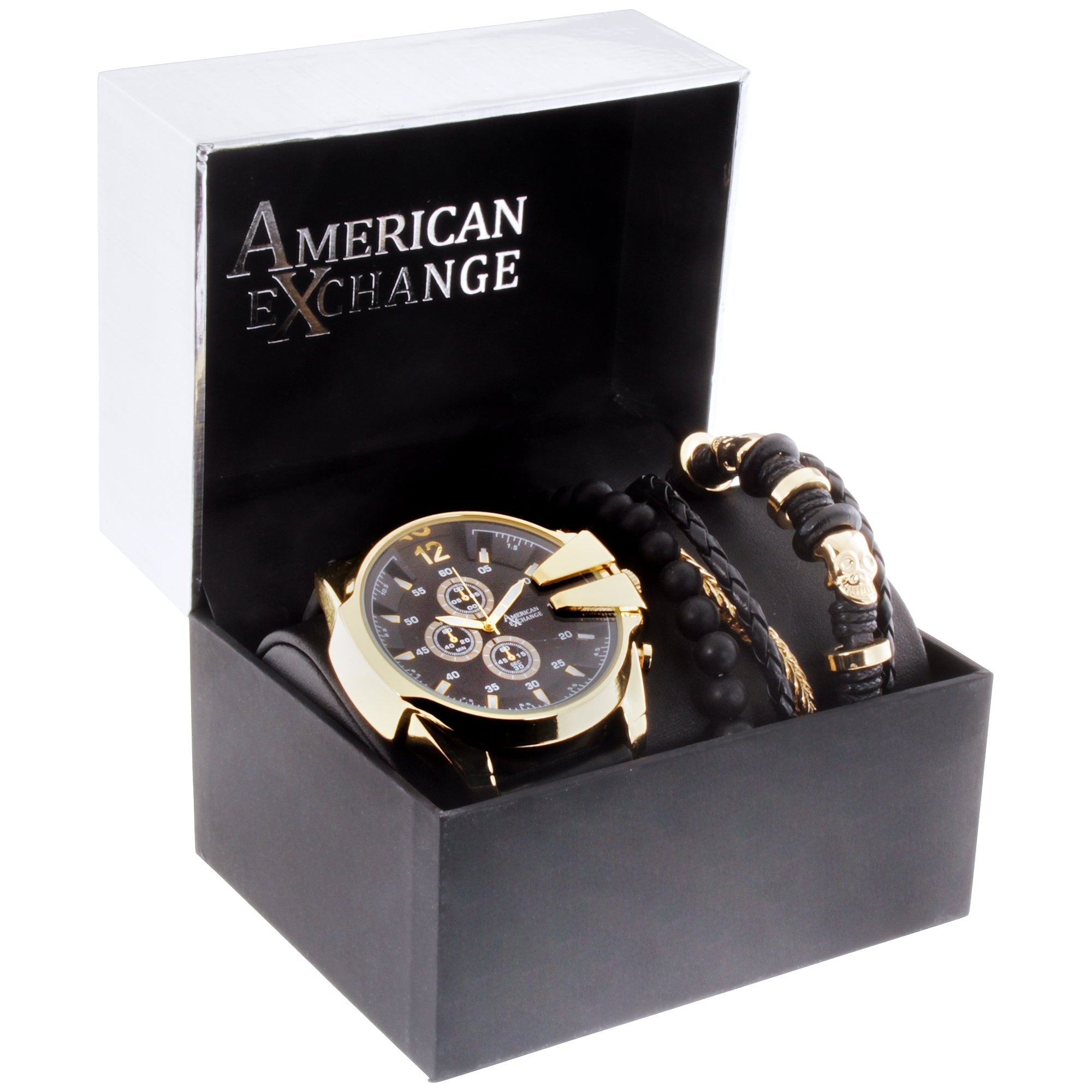  American Exchange Analog Watch-Skull Bracelet Set - Black - Bonton