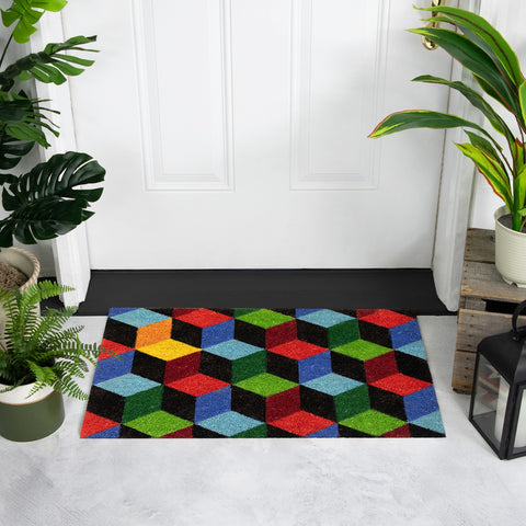 Red and Green 3D Cube Design Rectangular Outdoor Doormat 29" X 18"