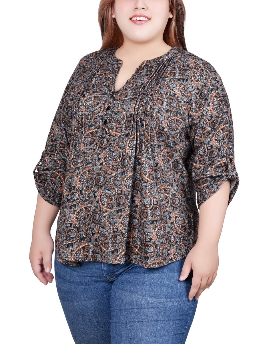  NY Collection Plus Size 3/4 Roll Sleeve Top - Black Grey Animal - Bonton