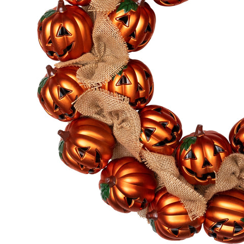 Jack-O-Lantern and Burlap Ribbon Halloween Wreath - 20" - Unlit