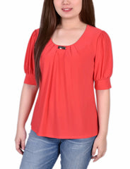 Short Sleeve Balloon Sleeve Top With Hardware