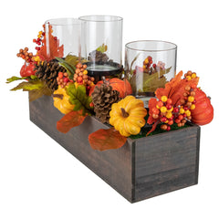 27" Pumpkin  Berry and Pine Cone Fall Harvest Triple Pillar Candle Holder