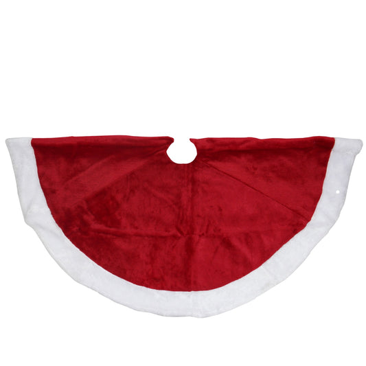 48" Red and White Velveteen Christmas Tree Skirt With White Trim