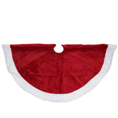 48" Red and White Velveteen Christmas Tree Skirt With White Trim