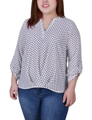 Plus Size 3/4 Sleeve Mandarin Collar Blouse With Front Pleats