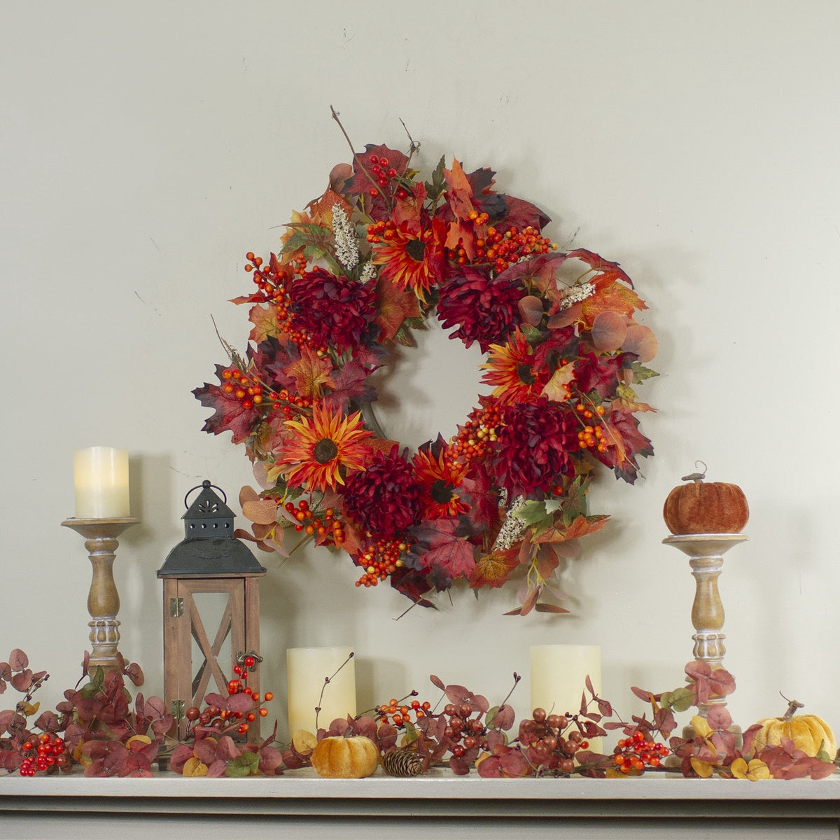  Northlight Leaves and Flowers Fall Harvest Wreath - 24-Inch  Unlit - Default Title - Bonton