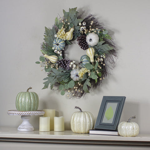 Pumpkins With Berries Artificial Fall Harvest Wreath - 22" - Green and White