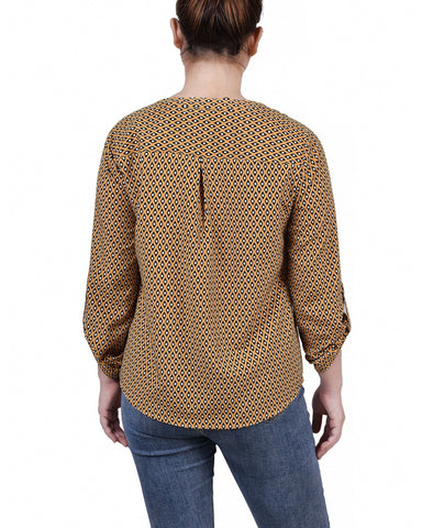 Petite 3/4 Sleeve Roll Tab Y Neck Blouse