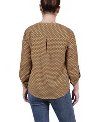Petite 3/4 Sleeve Roll Tab Y Neck Blouse