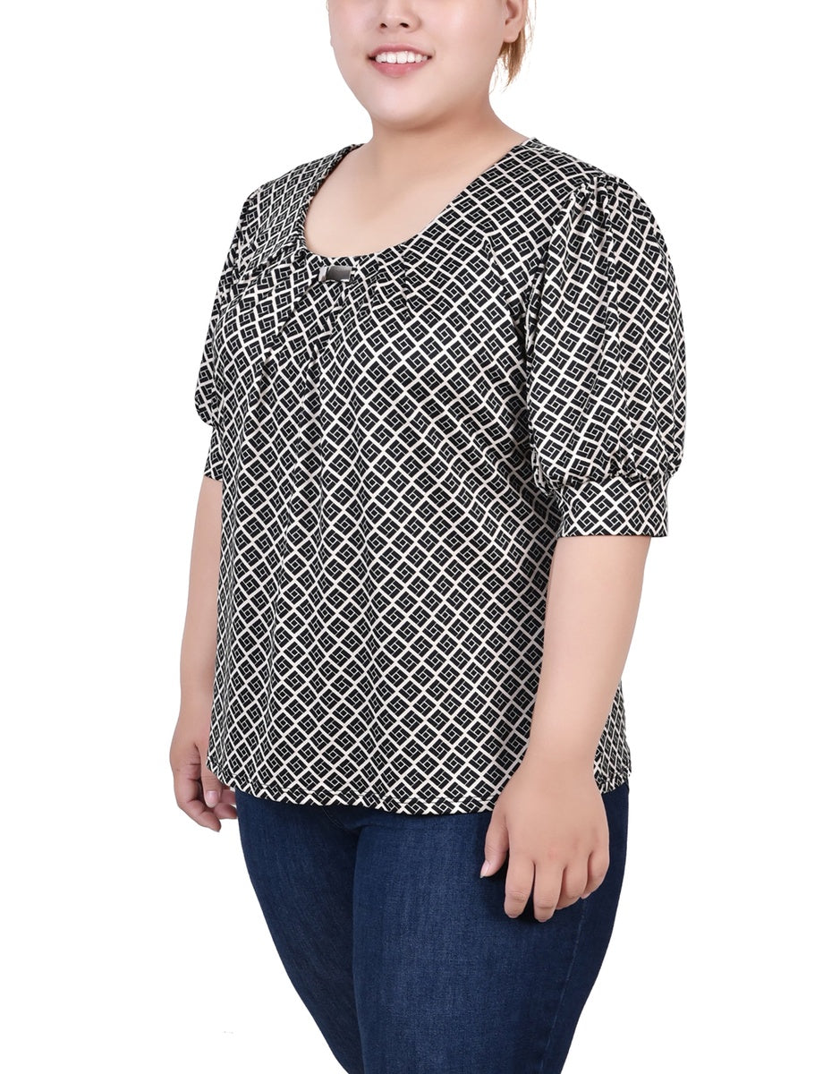  NY Collection Plus Size Short Sleeve Balloon Sleeve Top With Hardware - Black Taupe Zebra - Bonton