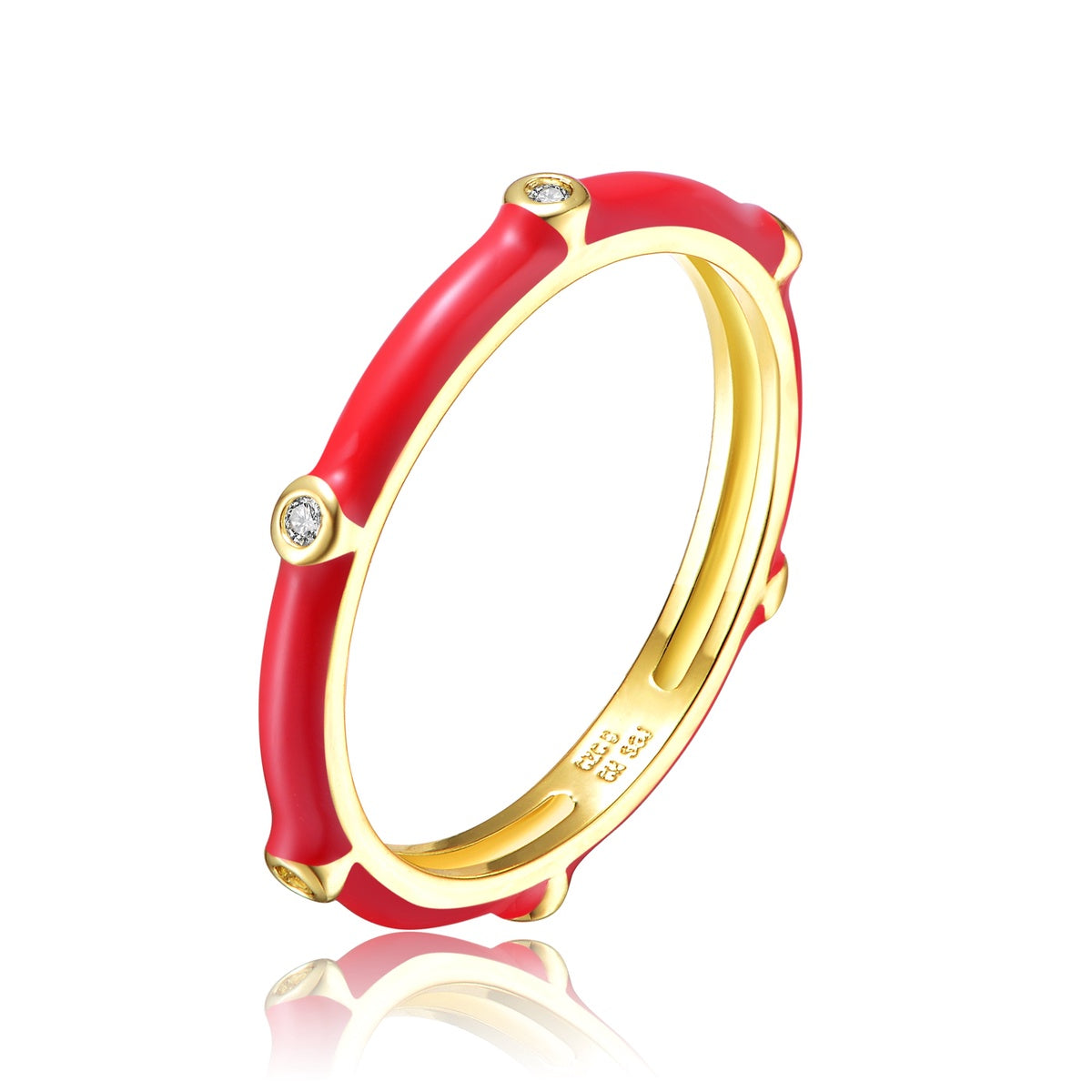  Rachel Glauber 14k Gold Plated With Clear Cubic Zirconia Colored Enamel Bamboo Kids/Teens Stacking Ring - Red Enamel - Bonton