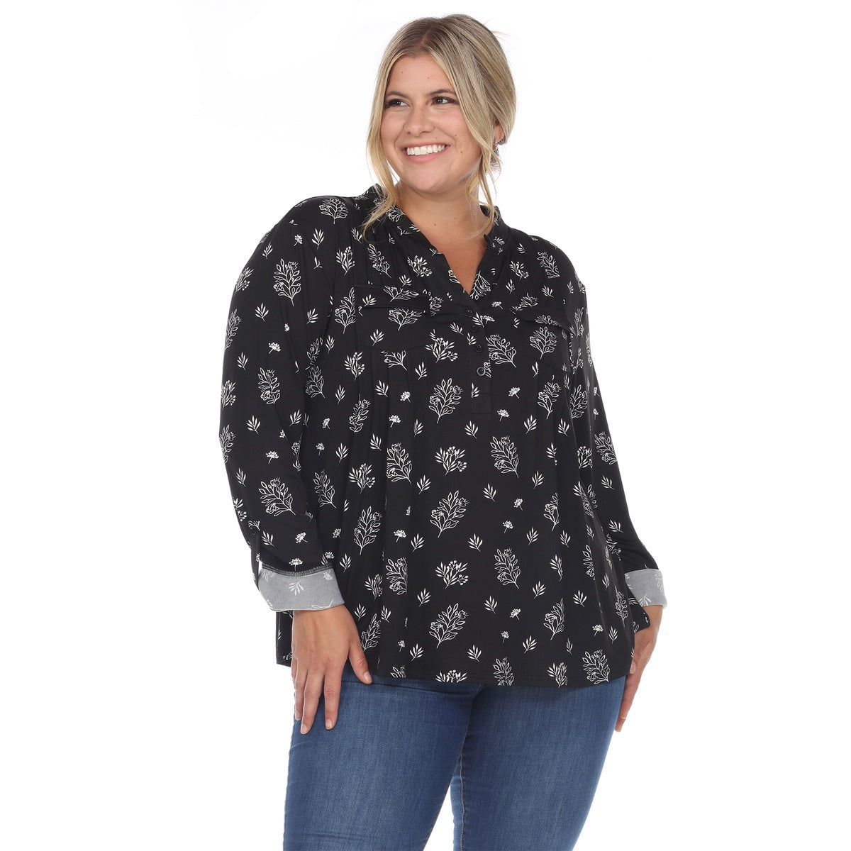  White Mark Plus Size Pleated Long Sleeve Leaf Print Blouse - 1X - Bonton