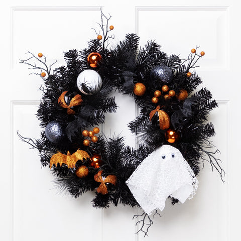 Ornaments and Ghost Halloween Twig Pine Wreath - 24" - Orange and Black - Unlit