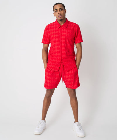 Diamond Plate Towel Color Blocked Short Sleeve Button Down Shirt - Red