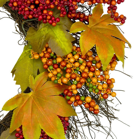 Maple Leaf and Berry Twig Artificial Fall Harvest Wreath  22-Inch