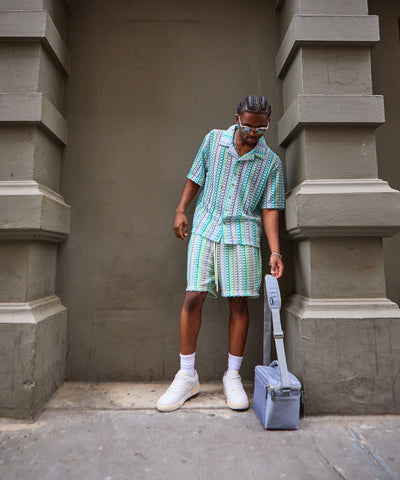 Textured Knit Short Sleeve Button Down Shirt - Light Blue