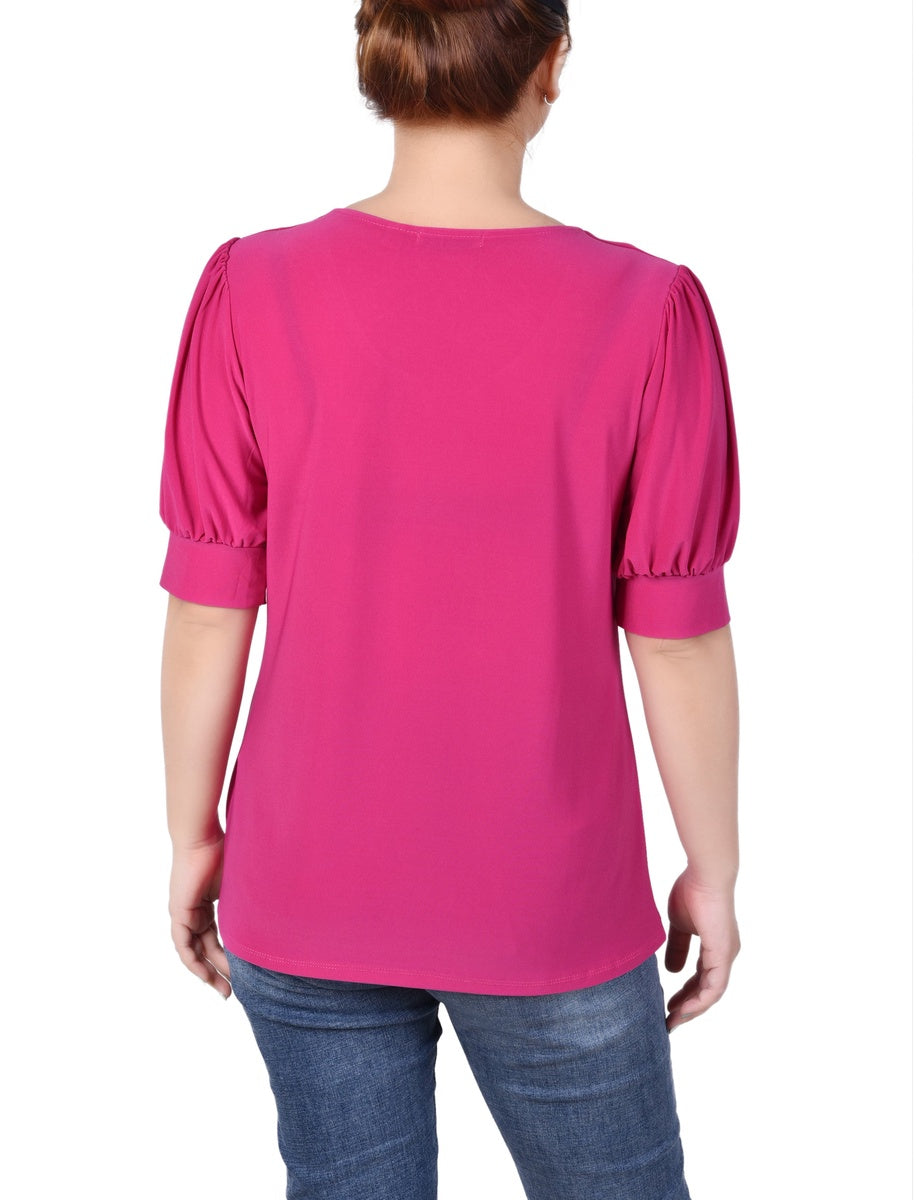  NY Collection Short Sleeve Balloon Sleeve Top With Hardware - Samoan Sun - Bonton