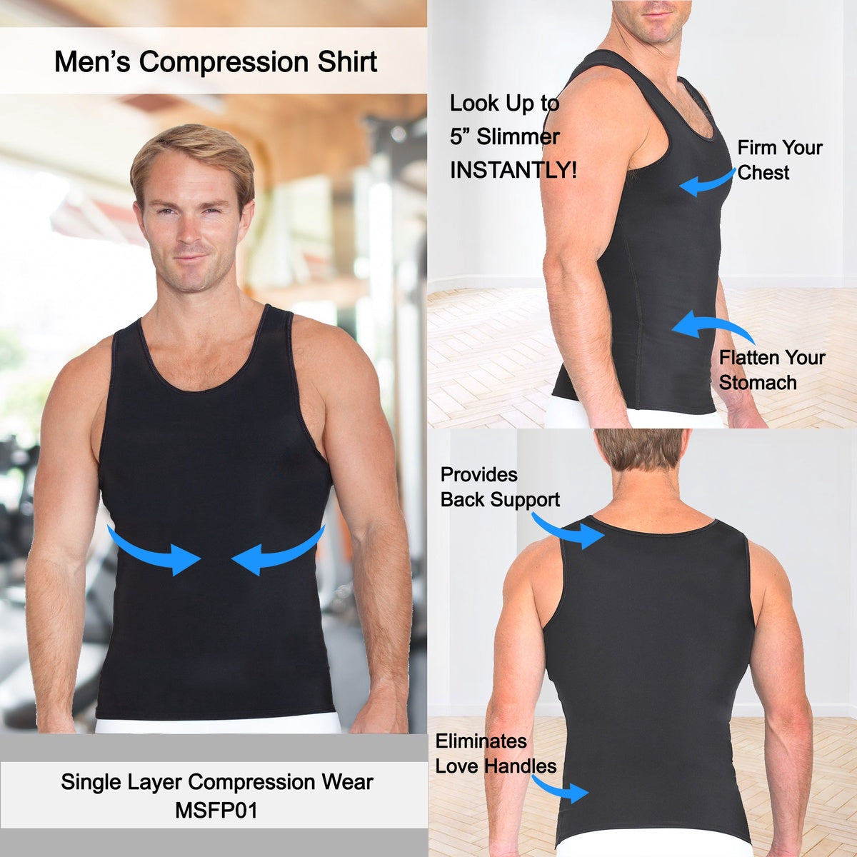  InstantFigure Insta Slim Sleeveless Compression Muscle Tank Panel Belt MSFP01 - Black - Bonton