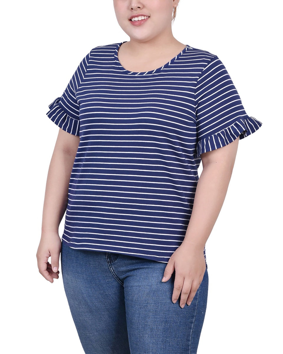  NY Collection Plus Size Short Bell Sleeve Top - Navy Double Stripe - Bonton