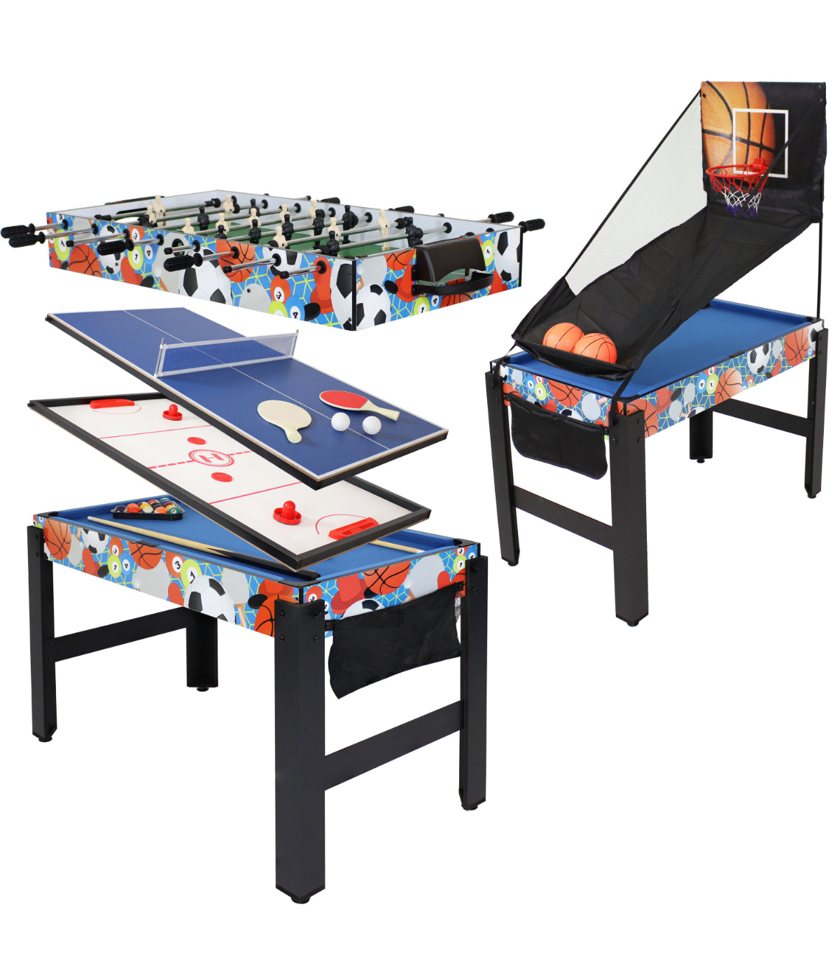  Sunnydaze Decor Sport Collage 2-Player 5-in-1 Multi-Game Table with Billiards, Air Hockey, Foosball, Ping Pong, & Basketball - Multi - Bonton