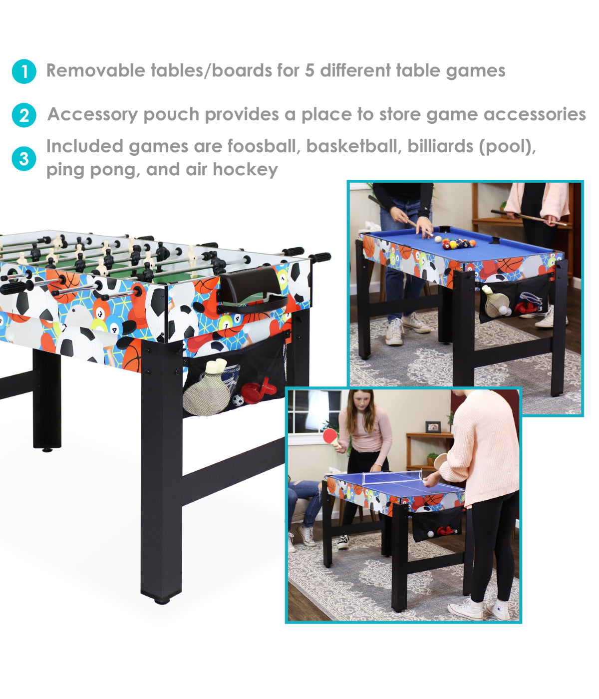  Sunnydaze Decor Sport Collage 2-Player 5-in-1 Multi-Game Table with Billiards, Air Hockey, Foosball, Ping Pong, & Basketball - Multi - Bonton