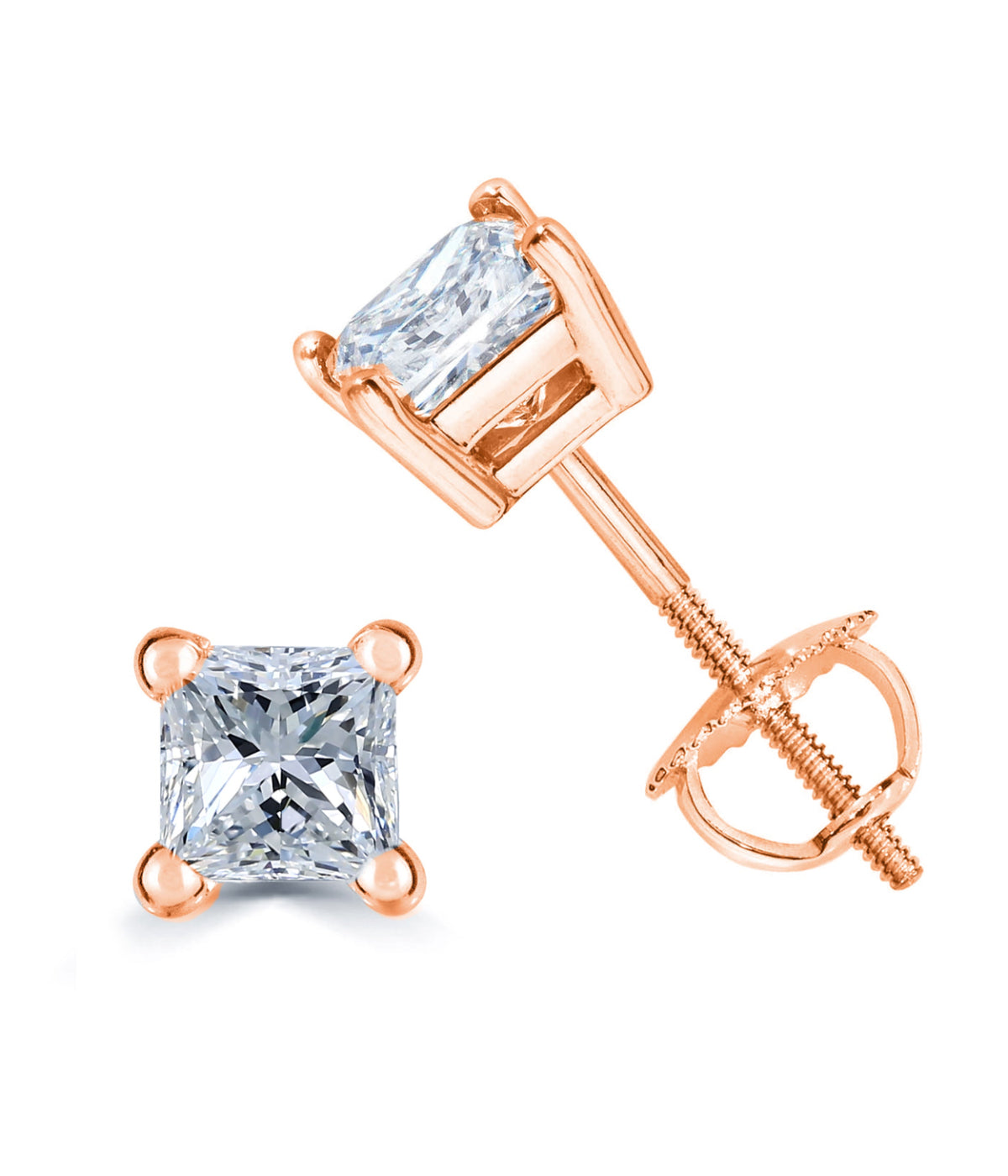  Kgs Jewels Inc 1/5 CTW Certified Princess Cut Diamond Solitaire Stud Earrings in 14K Gold with Screw Back (J/I1) - Rose - Bonton