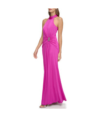 Sleeves High Neck Gown With Drape Front Berry