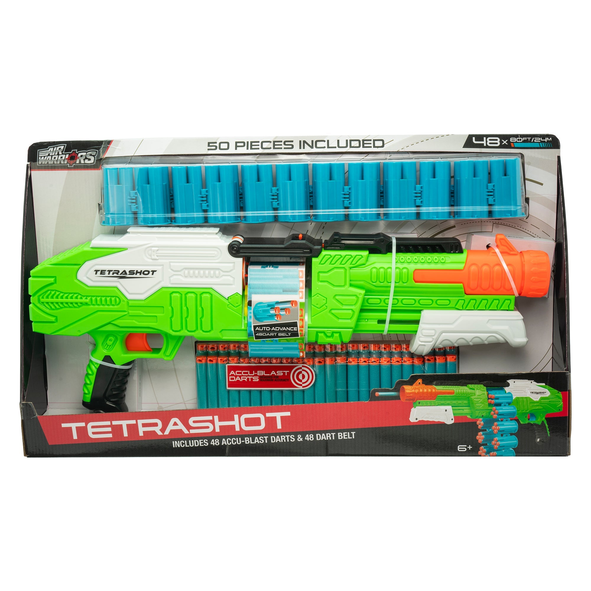  Buzz Bee Toys Air Warriors: Tetrashot - Dart Blaster, Green & White, 98 Accu-Blast Darts & Dart Belt, Shoots Up To 80ft, Kids Toy, Ages 6+ - Multi - Bonton