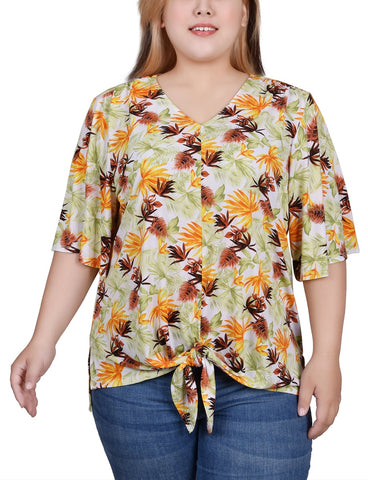 Plus Size Elbow Sleeve Tie-Front Top