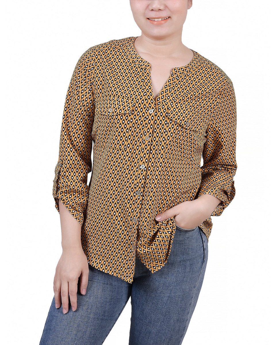  NY Collection Petite 3/4 Sleeve Roll Tab Y Neck Blouse - Black White Abstract - Bonton