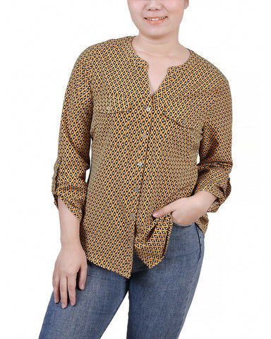 Petite 3/4 Sleeve Roll Tab Y Neck Blouse