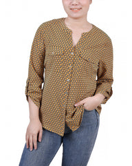 Petite 3/4 Sleeve Roll Tab Y Neck Blouse