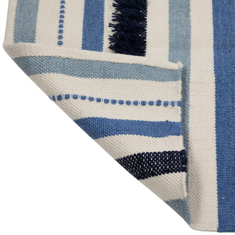3.5' X 2.25' Blue  Cream and Black Striped Handloom Woven Outdoor Accent Throw Rug