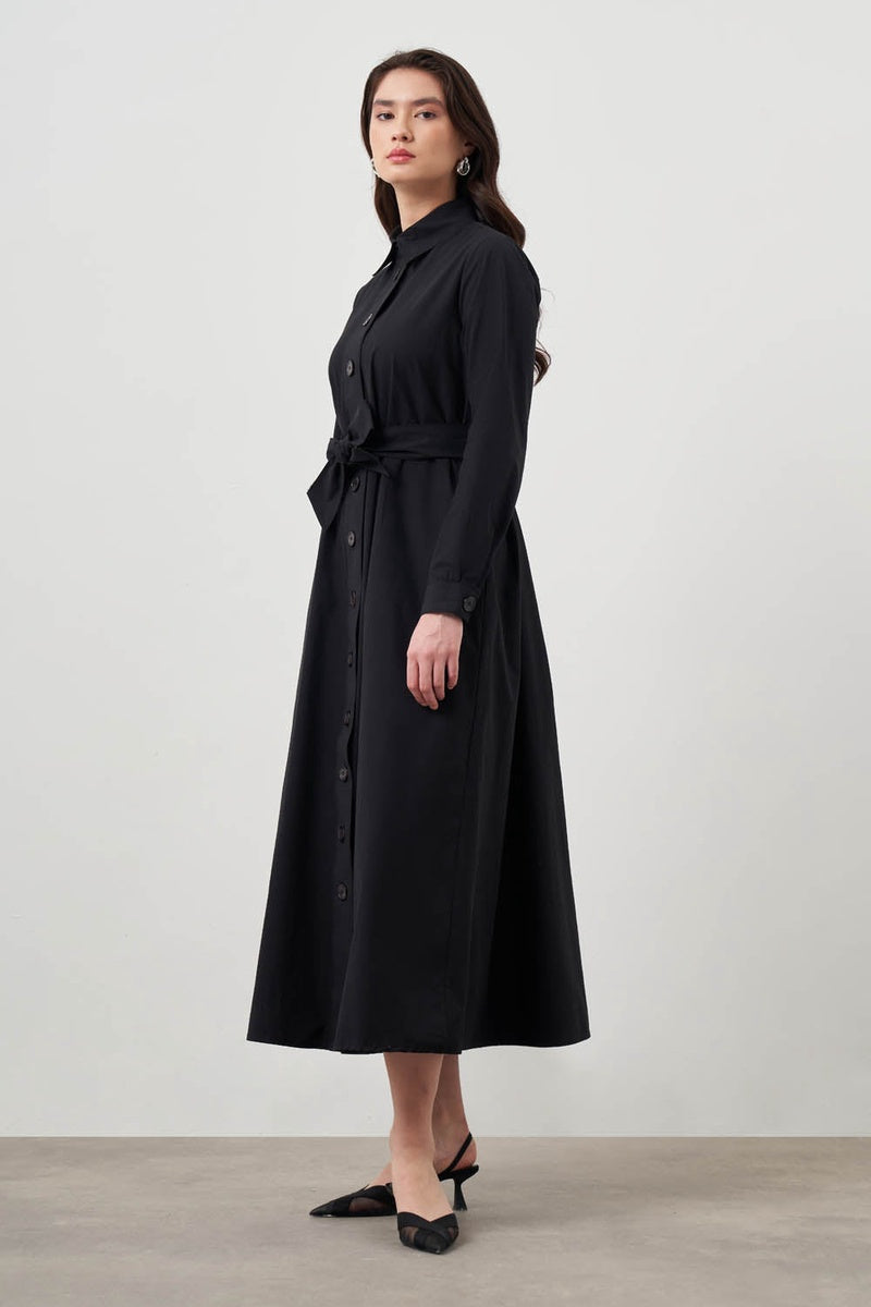  Mizalle Mizalle-Button Up Belted Black Dress - Black - Bonton