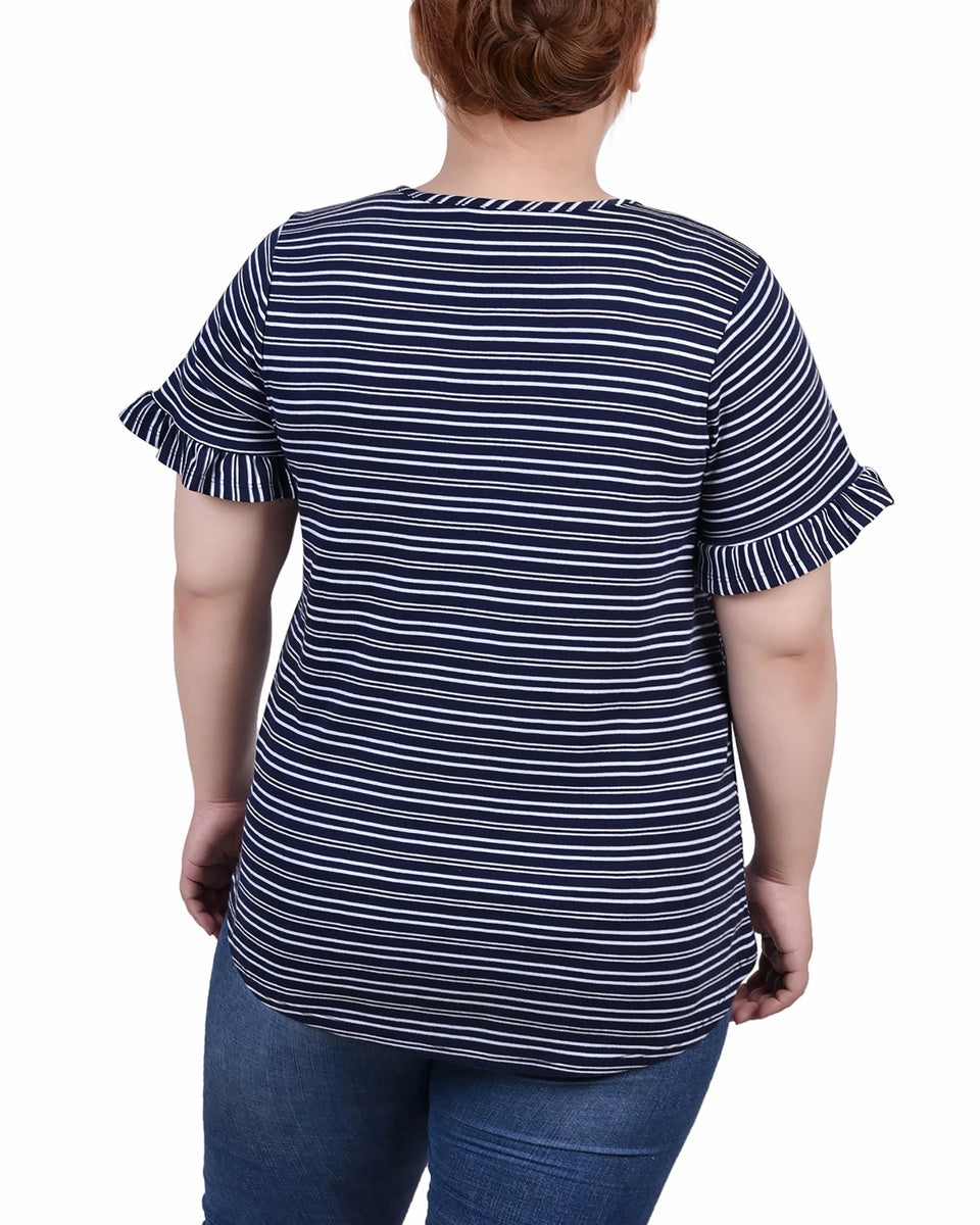  NY Collection Plus Size Short Bell Sleeve Top - Navy Double Stripe - Bonton