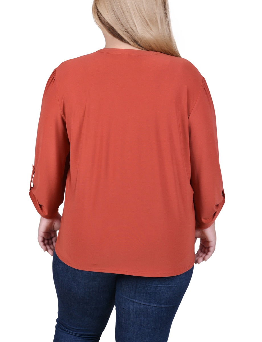  NY Collection Plus Size Long Sleeve Pintuck Front Top With Chain Details - Animal Lilas Dot - Bonton