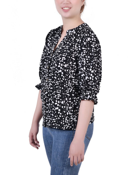 Petite Elbow Sleeve Y Neck Blouse