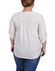 Plus Size 3/4 Roll Tab Zip Front Jacquard Knit Top