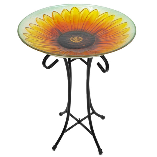 20.5" Orange and Yellow Sunflower Glass Bird Bath With Stand