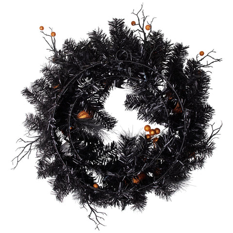 Ornaments and Ghost Halloween Twig Pine Wreath - 24" - Orange and Black - Unlit
