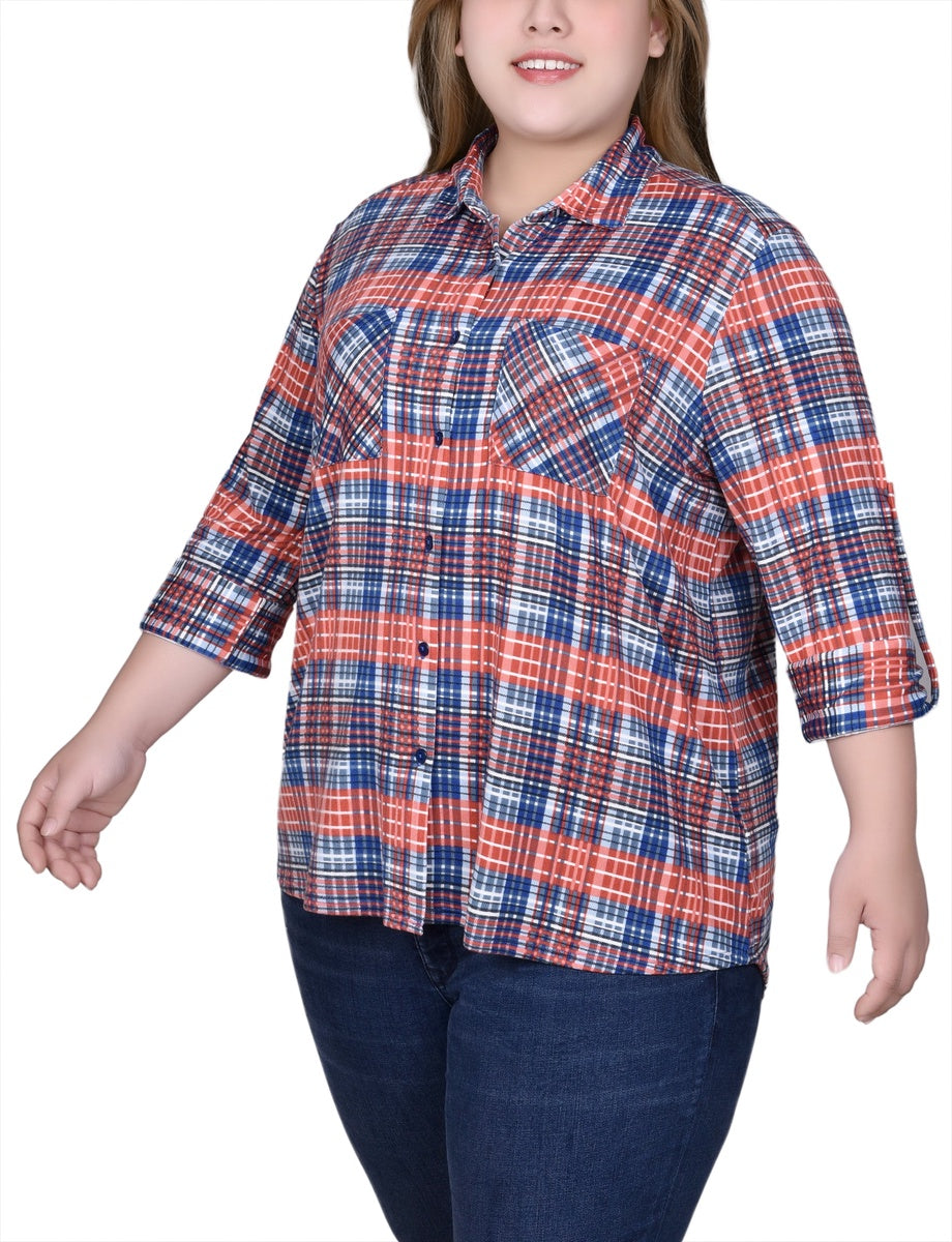  NY Collection Plus Size Long Sleeve Button Front Tunic Top - Rust Denim Plaid - Bonton