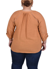 Plus Size Raglan Sleeve Split Neck Blouse