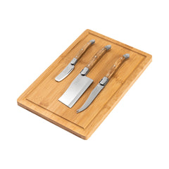 3 Piece Connoisseur Laguiole Olive Wood Cheese Knives and Bamboo Cheese Board